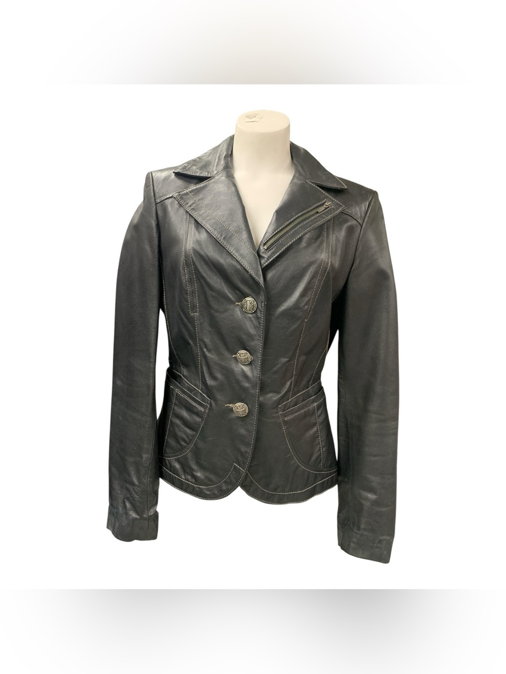Danier Black Leather Tailored Button-Front Jacket Size S